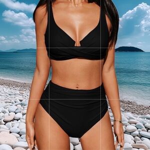 NWT Cupshe Black 2 Piece Underwire Top High Waist Bottoms Swimsuit / medium